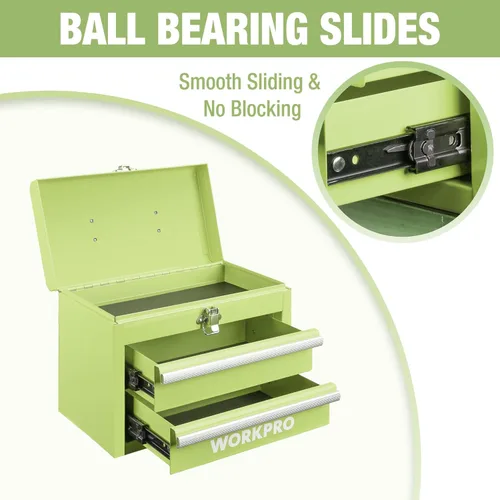 Miniatura 4 de WORKPRO Mini caja de herramientas portátil, 2 cajones de metal con rodamientos de bolas, almacenamiento superior con pestillo, mango de transporte