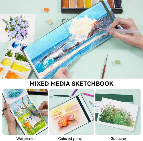 Miniatura 5 de Lightwish Diario de acuarela, 100% algodón, cuaderno de bocetos pequeño de papel de acuarela de prensa en caliente 4.96" x 3.62", 20 hojas Verde