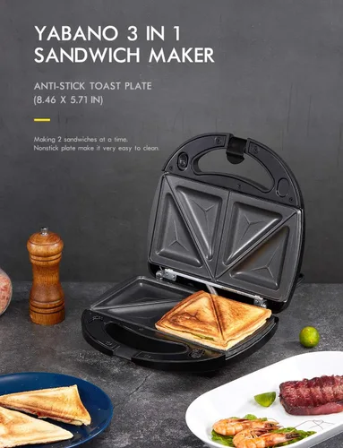 Miniatura 6 de Yabano Sandwichera, waflera 3 en 1, tostadora y parrilla eléctrica de prensa Panini con placa de revestimiento antiadherente, fácil de limpiar, se