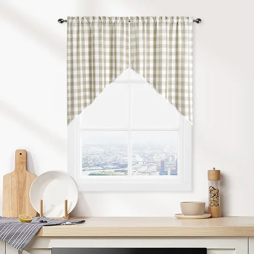Miniatura 9 de Cortinas de Cocina Estilo Granja de Cuadros Vichy Blanco y Negro de 24 Pulgadas de Largo, Cortinas de Café de Media Ventana de Cuadros Buffalo