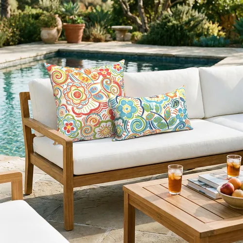 Miniatura 809 de Juego de 2 almohadas para exteriores de 16 x 16 pulgadas, repelentes al agua con interiores, para muebles de patio, hogar, jardín, geometría bohemia