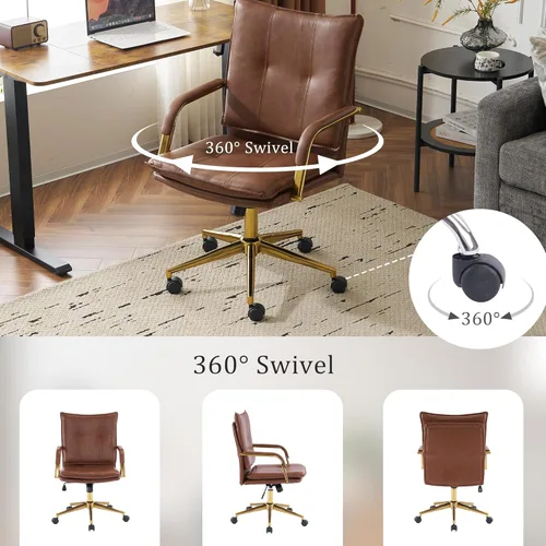 Miniatura 4 de MOJAY Silla de oficina, silla de escritorio de cuero, silla de escritorio marrón, silla de oficina moderna de mediados de siglo, silla de asiento