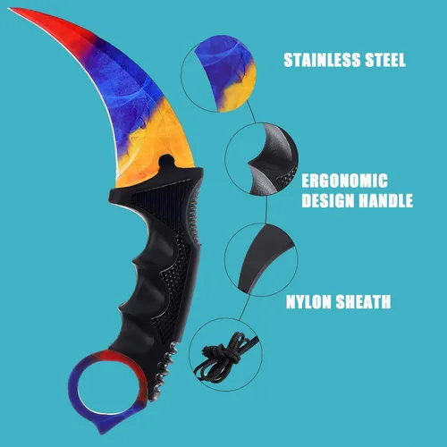 Miniatura 3 de 2 Piezas Cuchillo Karambit Hoja Fija Herramienta Táctica de Camping, Cuchillo de Caza al Aire Libre con Funda y Cordón, Adecuado para Senderismo