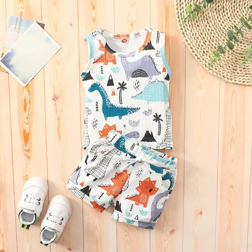 Miniatura 7 de Conjunto de ropa de 2 piezas de ropa de 2 piezas con estampado de dinosaurios de dibujos animados y pantalones cortos con cordón