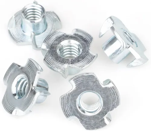 Tuercas en T de 1/4"-20 (Paquete de 100), acero chapado en zinc resistente a la corrosión, longitud de barril de 5/16", tuerca en T de 4 puntas para