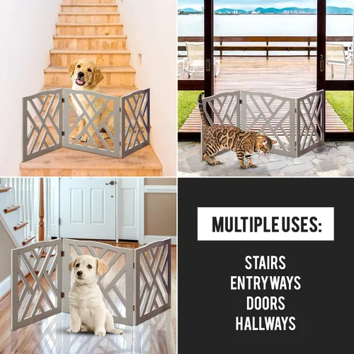 Miniatura 5 de Puerta independiente para perros expandible con valla decorativa de madera para perros pequeños a medianos, barrera para escaleras, puertas