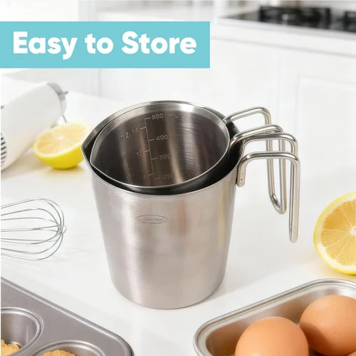 Miniatura 4 de Newness Juego de 2 tazas medidoras de acero inoxidable (3 marcas, incluye escala de taza/ml/onza) (2 y 3 tazas) taza medidora de metal con asa