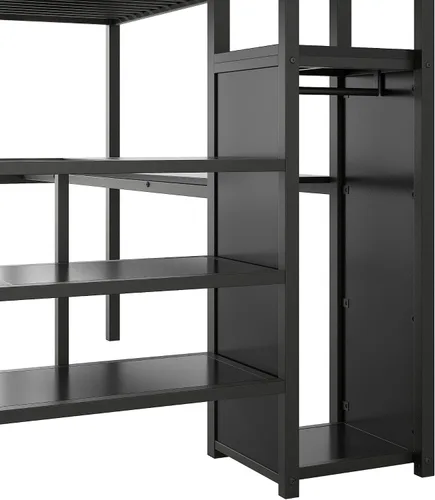 Miniatura 9 de Bellemave Cama tipo loft de metal de tamaño matrimonial con escritorio en forma de L, marco de cama tipo loft con luz LED, estación de carga