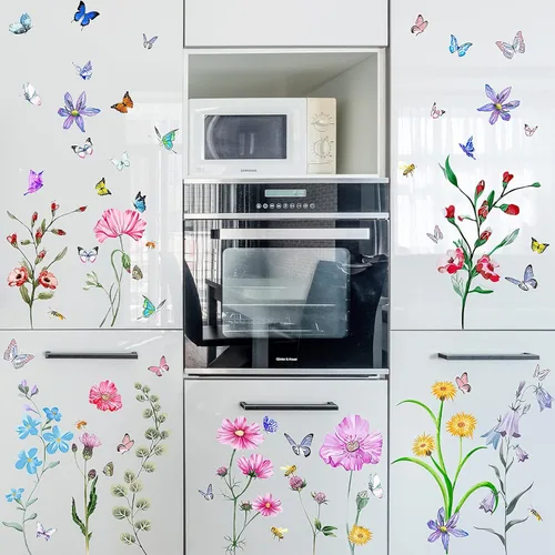 Miniatura 8 de Calcomanías de pared de flores coloridas con mariposa y abeja, 58 unidades, calcomanías de pared de flores extraíbles, bricolaje para despegar y 58
