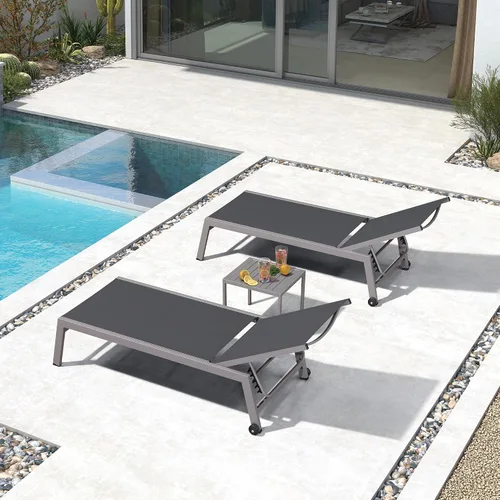 Miniatura 36 de PURPLE LEAF Juego de tumbonas para exteriores para 2 sillas de piscina de gran tamaño con ruedas fáciles de mover y respaldo ajustable, tumbonas