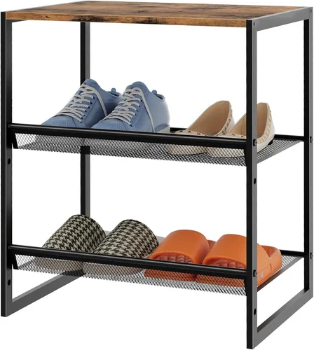 Miniatura 8 de Garden 4 you Zapatero estrecho de 3 niveles para armario, zapatero pequeño con mesa de madera marrón, estante de zapatos de metal ajustable