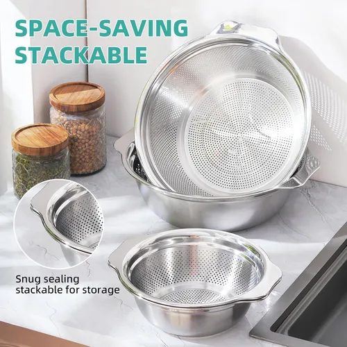 Miniatura 6 de Colador de acero inoxidable para cocina de 2 cuartos de galón, colador microporoso con tazón para mezclar, colador de arroz para lavar verduras