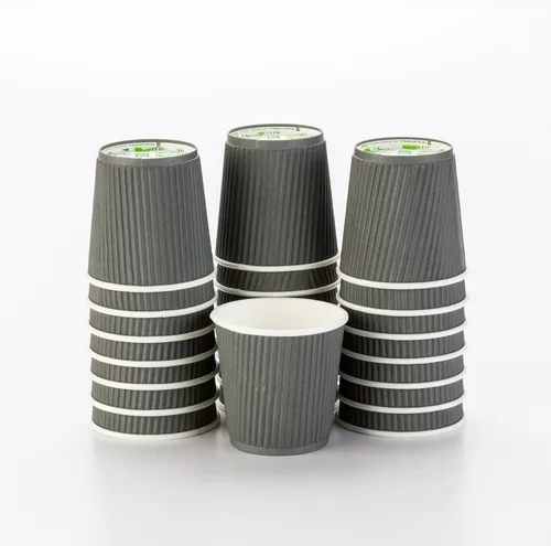 Restaurantware 500 Tazas de papel desechables y con aislante de 4 onzas, diseño ondulado, color gris, con borde enrollado, tapas vendidas por