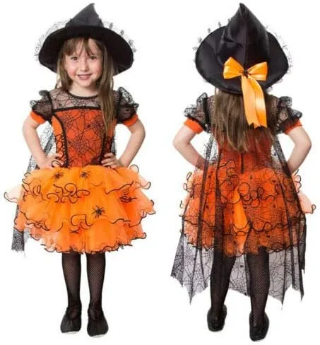 Miniatura 6 de Vestido de tul de Halloween para niñas pequeñas, vestido de manga larga con diseño de calabaza, telaraña, princesa, fiesta, faldas a rayas