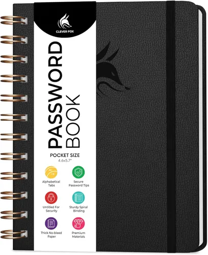 Miniatura 27 de Clever Fox Libro de Contraseñas en Espiral – Organizador de Direcciones de Internet y Contraseñas con Pestañas Alfabéticas Laminadas – Diario Negro