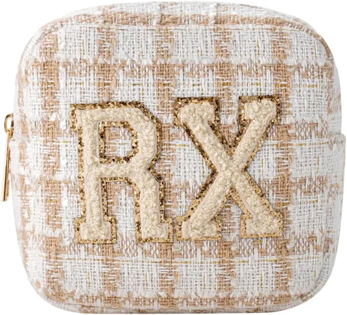 Miniatura 10 de uekeboag Bolsa Cosmética Personalizada Pequeña de Nylon, Linda Bolsa de Medicamentos con Parche de Letras de Chenilla y Cremallera, Bolsa de Viaje