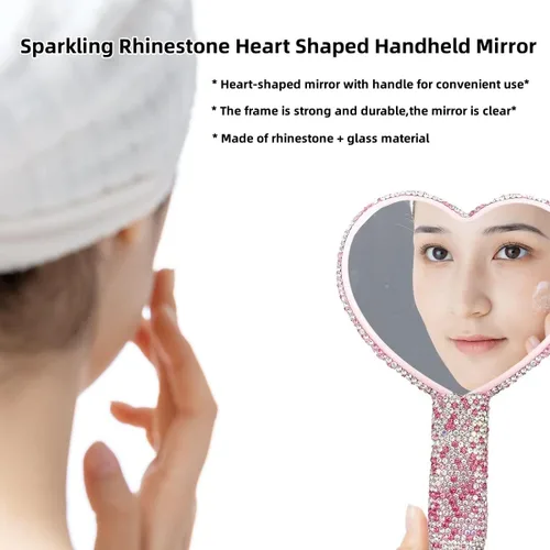Miniatura 3 de LOPURO Espejo de mano con forma de corazón de diamantes de imitación, espejo de mano con diamantes de imitación, bonito espejo de mano cosmético