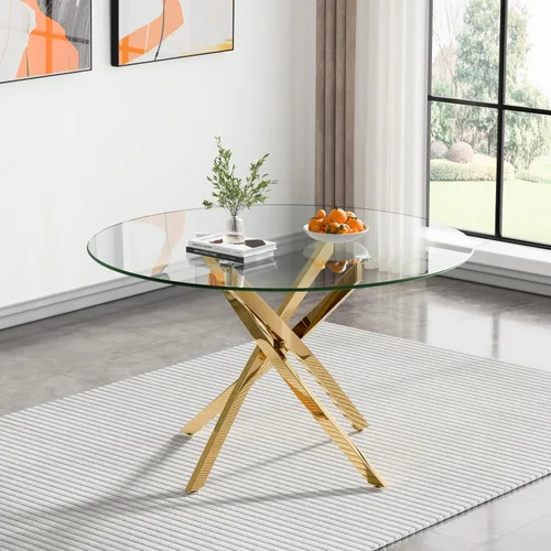 Miniatura 15 de Mesa de comedor redonda de 36 pulgadas para 4, mesa de comedor contemporánea de vidrio templado, mesa de comedor pequeña con base de metal de cruz