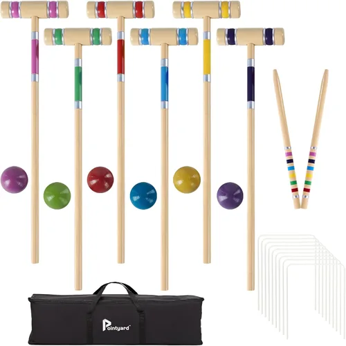 Miniatura 9 de Juego de croquet para seis jugadores con mazos de madera de primera calidad de 28 pulgadas, bola de colores, mechones, estacas, juego perfecto al