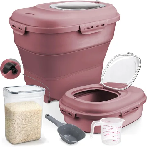 Miniatura 9 de Komzon Contenedor de cereales para arroz, dispensador de arroz plegable de 13 a 50 libras con tapa transparente, ruedas rodantes, taza medidora