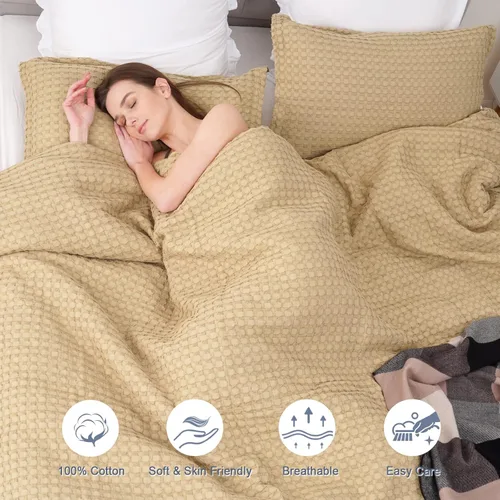 Miniatura 2 de PHF Juego de funda de edredón de 100 % algodón de punto gofre, tamaño matrimonial, ultra suave y agradable al tacto, para todas las estaciones, Caqui