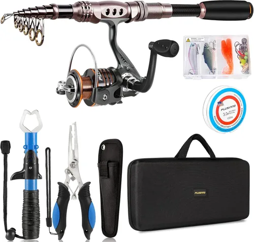 Miniatura 10 de PLUSINNO Combo de caña de pescar y carrete. Caña de pescar telescópica de fibra de carbono con carrete. Kit de pesca para agua salada y agua dulce.