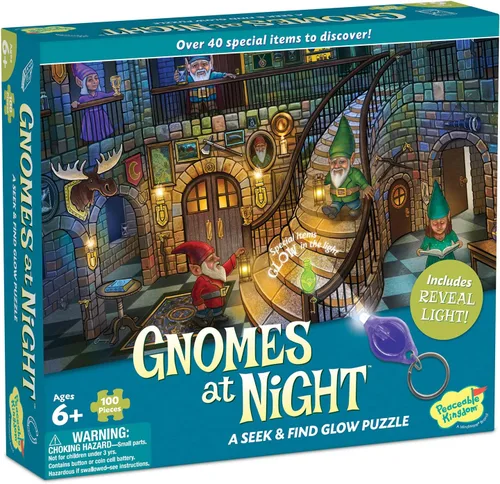 Peaceable Kingdom Gnomos Seek and Find Puzzle de 100 piezas incluidas, luz negra, rompecabezas grande regalo para niños a partir de 6 años - Gnomos