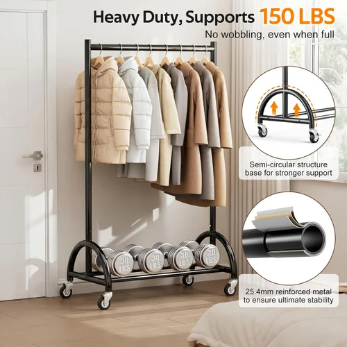Miniatura 2 de MISSLO Perchero de ropa resistente con ruedas para colgar ropa, abrigos, ropa, vestidos, negro, 30 pulgadas de ancho
