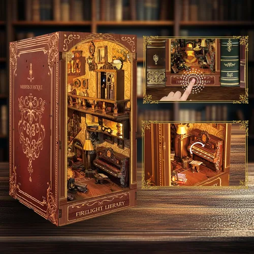 Miniatura 4 de Biblioteca Firelight Book Nook, rompecabezas de casa en miniatura DIY para decoración mágica del hogar, decoración de estantería 3D para adultos