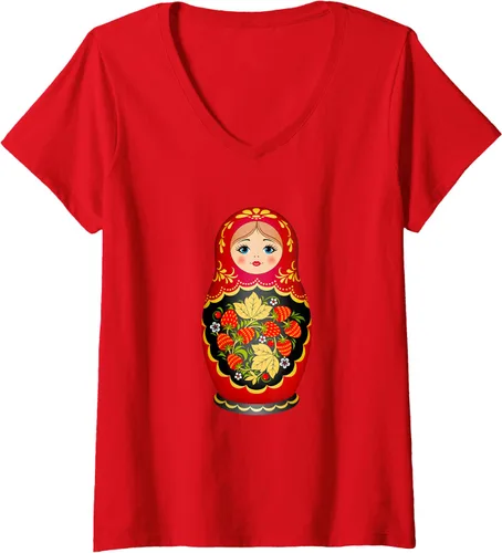 Miniatura 5 de Hermosa camiseta de Matryoshka Russian Strawberry Nesting Doll con cuello en V para mujer, Negro, S