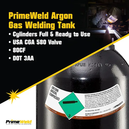 Miniatura 2 de PrimeWeld Tanque de soldadura de gas 100% argón completo 80CF DOT 3AA Válvula CGA 580 de EE. UU. El mejor gas para aplicaciones de soldadura