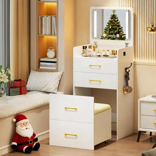 Miniatura 13 de HNEBC Escritorio de tocador 3 en 1 con espejo LED con tapa abatible, juego de tocador pequeño con escritorio de vidrio visible, tocador compacto