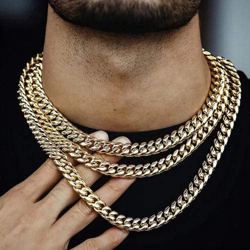 Miniatura 3 de Zsllzm Cadena de eslabones cubanos Miami para hombre chapada en oro de 14 quilates acero inoxidable sólido joyería Hip Hop de 0394in0472in0551in