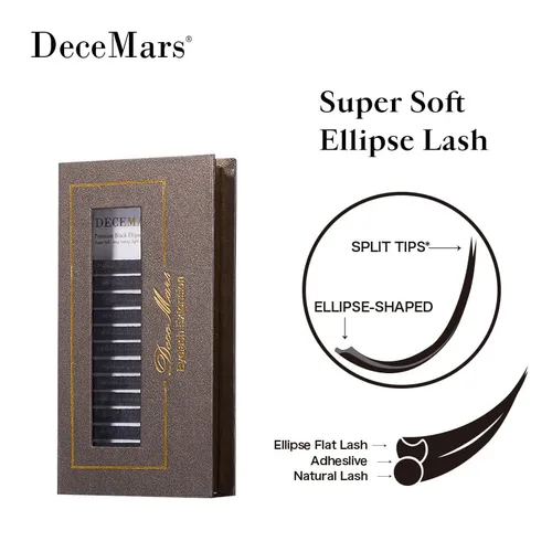 Miniatura 3 de DeceMars Extensiones de pestañas elipse planas de 0.010 in, rizo D, 0.472 in, negro mate, pestañas individuales suaves y ligeras, para uso en salón