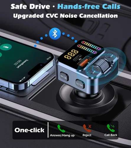 Miniatura 3 de Adaptador Bluetooth 5.3 para automóvil con transmisor FM y carga rápida PD de 42 W, receptor de música inalámbrico AUX/USB, llamadas manos libres