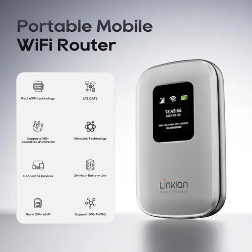 Miniatura 5 de Punto de acceso móvil portátil – eSIM Global WiFi Hotspot, no se necesita tarjeta SIM/contrato, 16 dispositivos, más de 180 países, enrutador
