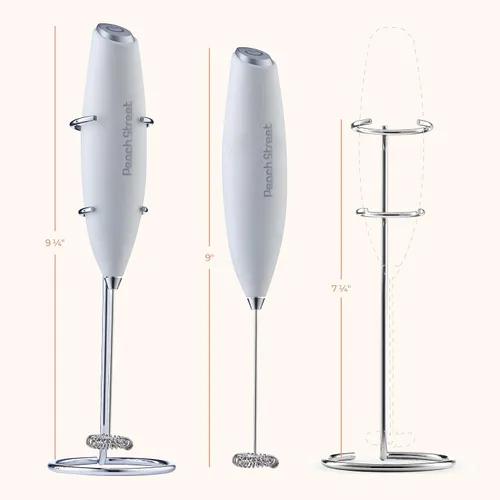 Miniatura 8 de Espumador de leche de mano potente, mini espumador de leche, mezclador de bebidas con batería y acero inoxidable con soporte para espumador Blanco