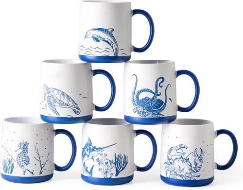 AmorArc Juego de 6 tazas de café grandes de cerámica de 18 onzas con patrones texturizados de Sea Life para té, café con leche y cacao. Fácil de