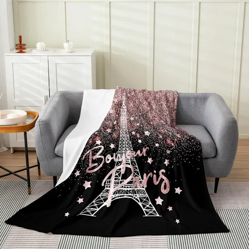 Miniatura 17 de Feelyou Manta de felpa de la Torre Eiffel con purpurina, color azul, morado, pastel, para todas las estaciones, manta de cama para niños, manta