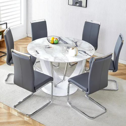 Miniatura 26 de Juego de mesa de comedor redonda de 48'' para 4, juego de mesa y sillas de cocina de mármol, conjunto de 4, mesa redonda con pata de MDF negro