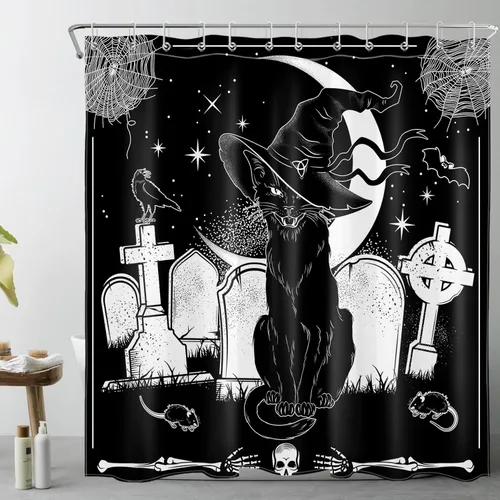 Miniatura 9 de LB Cortina de ducha de feliz Halloween para baño, flamenco rosa y calabaza naranja con sombrero mágico, cortina de ducha de tela con ganchos, juego