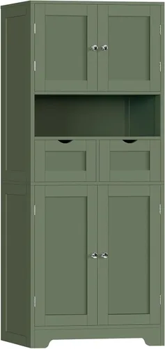 Miniatura 11 de Iwell Armario de almacenamiento de 57.8 pulgadas de alto con 2 cajones y 2 estantes ajustables, armario de cocina con 4 puertas, armario alto