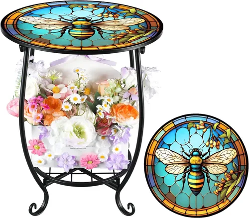 Miniatura 30 de Cinnvoice Mesa auxiliar redonda para exteriores, mosaico pequeño, decoración de patio, planta interior, mesa de té para patio, porche, jardín, sala