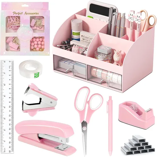 COMFYROOM Accesorios de escritorio rosa con soporte para bolígrafos, organizadores de escritorio y accesorios de oficina rosa para mujeres,