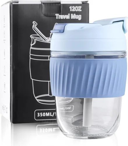 Miniatura 12 de Sivaphe Taza de café reutilizable de vidrio para hielo y caliente 12 oz, taza de viaje portátil con tapa a prueba de derrames y funda térmica