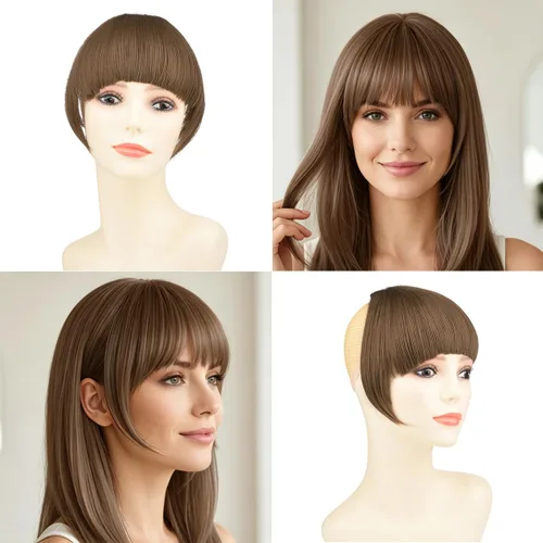 Miniatura 5 de Extensiones de cabello sintético con clip, flequillo francés, con sienes, color marrón ceniza, flequillo falso natural con clip para mujer, uso