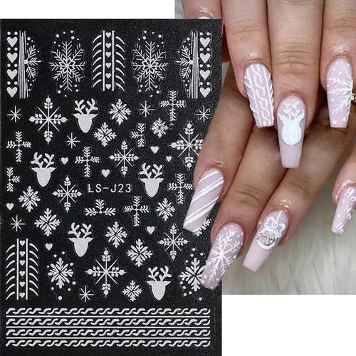 Miniatura 6 de 6 hojas de calcomanías de uñas de copo de nieve plateado con purpurina 3D, autoadhesivas, diseño de uñas de invierno, diseño de uñas de reno, copos
