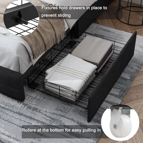 Miniatura 4 de Moderna base de cama tapizada con 4 cajones de almacenamiento, cama de plataforma con cabecera capitonada con botones ajustables, soporte de Negro