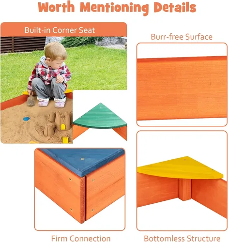 Miniatura 2 de HONEY JOY Caja de arena de madera para niños, pozo de arena sin fondo para exteriores con 4 asientos esquineros integrados, cajas de arena de cedro