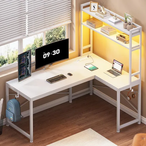 Miniatura 9 de SEDETA Escritorio para juegos en forma de L, escritorio esquinero pequeño reversible de 45.3 pulgadas con toma de corriente y luces LED, escritorio